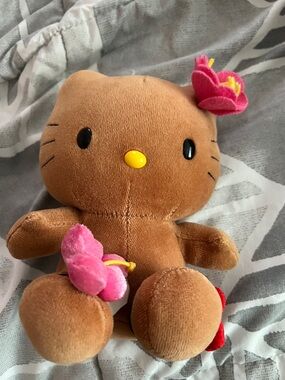 Sanrio Brown Hello Kitty Plush with Pink Flower Accents
